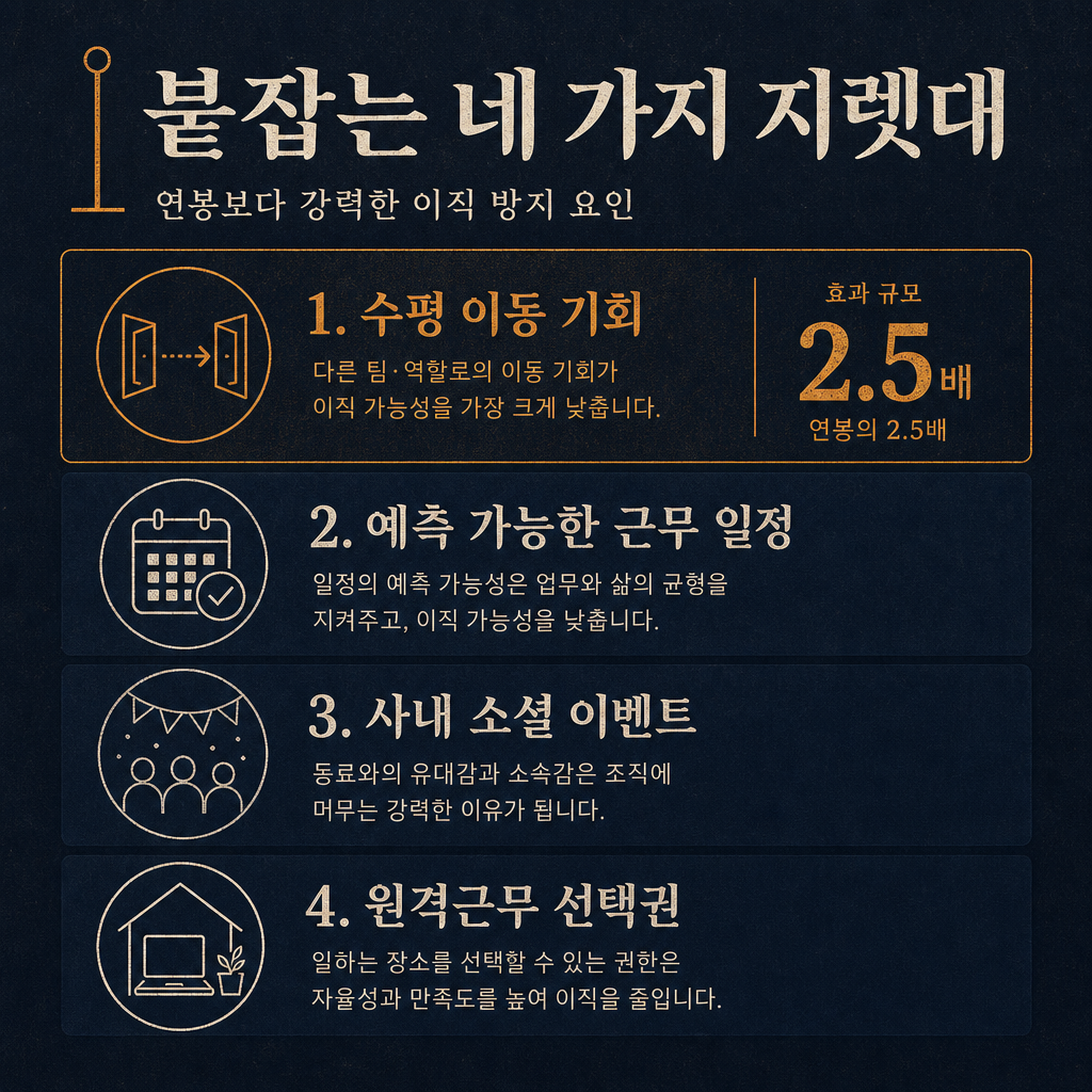 연봉보다 인재를 더 잘 붙잡는 네 가지 지렛대(수평 이동, 예측 가능한 일정, 사내 소셜 이벤트, 원격근무)를 정리한 인포그래픽
