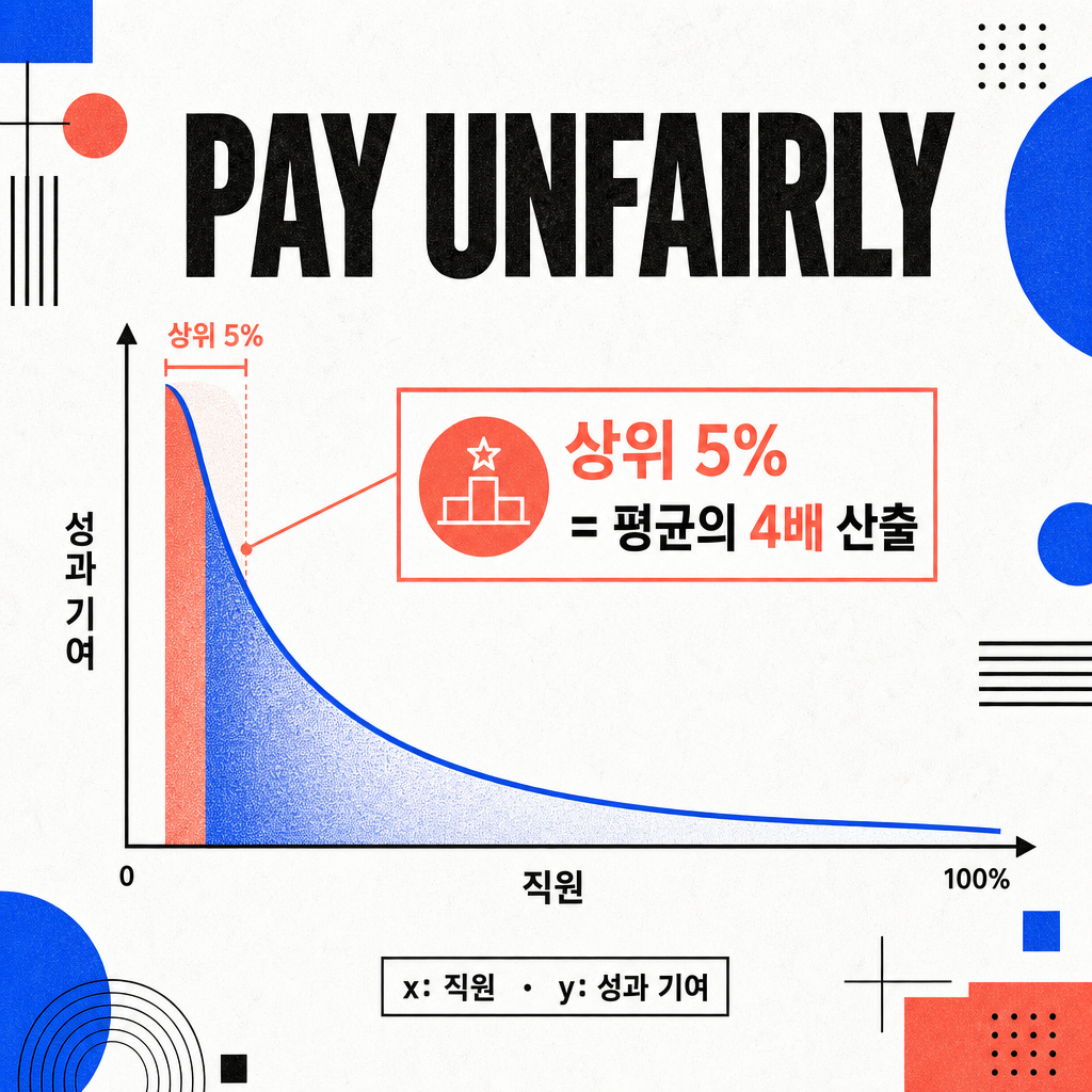 성과 기여가 소수 상위 인재에게 집중되는 멱법칙(power-law) 분포를 보여주는 인포그래픽 — 상위 5%가 평균의 4배를 산출