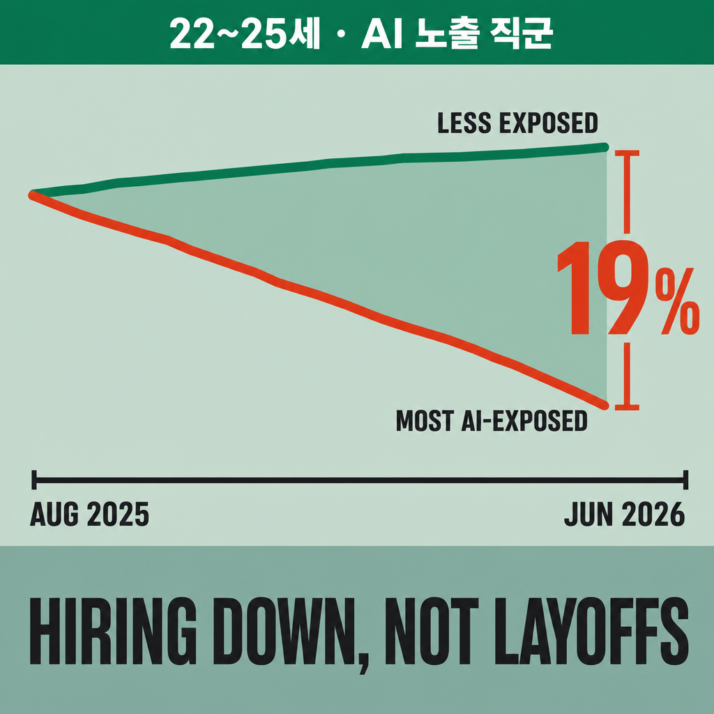 22~25세 청년 근로자의 고용 추이를 AI 노출 상위 직군과 덜 노출된 직군으로 나눠 비교한 차트. 2025년 8월 이후 두 선이 벌어져 2026년 6월 시점에 19퍼센트 격차가 생겼고, 그 원인이 해고 증가가 아니라 채용 감소임을 표시