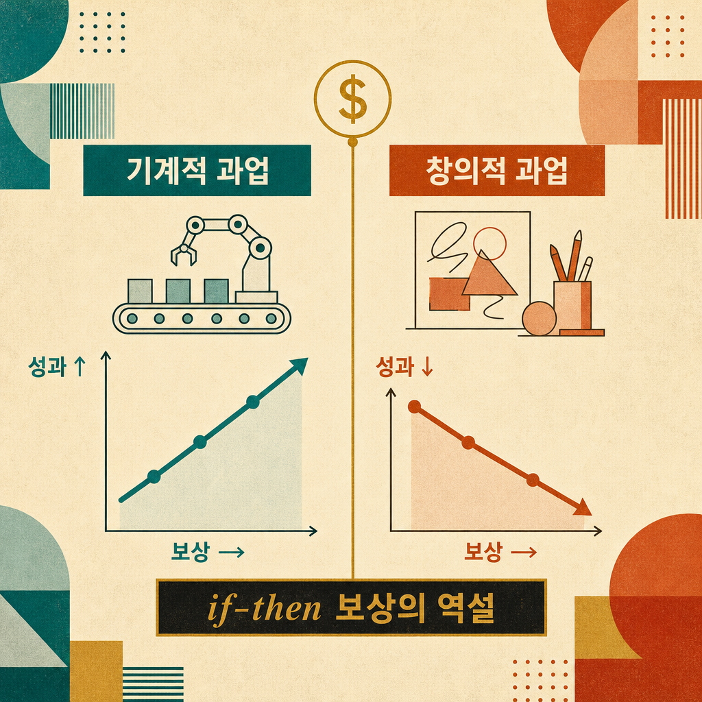 기계적 과업과 창의적 과업에서 보상이 성과에 미치는 정반대 효과를 좌우로 비교한 인포그래픽 — 기계적 과업은 보상이 오를수록 성과가 오르고, 창의적 과업은 보상이 오를수록 성과가 떨어진다