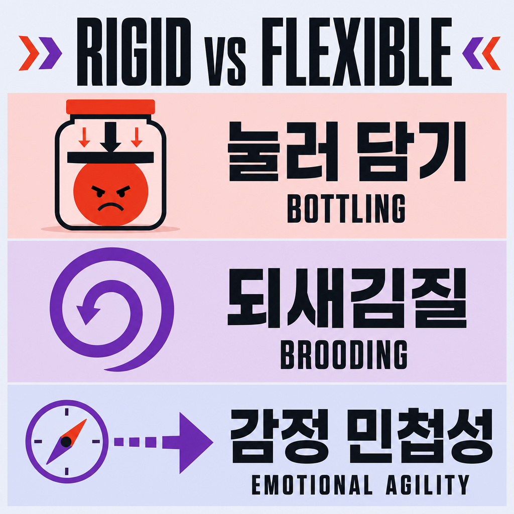 감정을 다루는 세 가지 방식을 비교한 도해. 위는 감정을 눌러 담는 병에 가두기, 가운데는 감정에 갇혀 되새김질하기, 아래는 감정을 데이터로 읽고 가치를 향해 움직이는 감정 민첩성