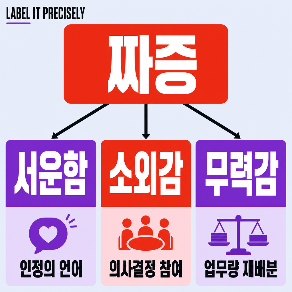 짜증이라는 뭉뚱그린 표현을 서운함, 소외감, 무력감으로 분해하고 각각에 인정의 언어, 의사결정 참여, 업무량 재배분이라는 서로 다른 조치를 연결한 도해