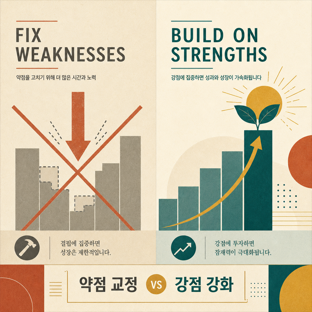 약점 교정과 강점 강화를 좌우로 비교한 인포그래픽 — 왼쪽은 약점을 메우려는 하향 화살표, 오른쪽은 강점을 키우는 상향 성장 곡선