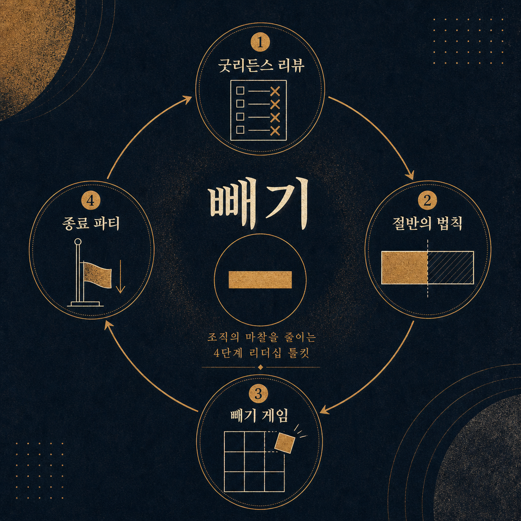 굿리든스 리뷰, 절반의 법칙, 빼기 게임, 종료 파티로 구성된 4단계 빼기 툴킷 순환 다이어그램