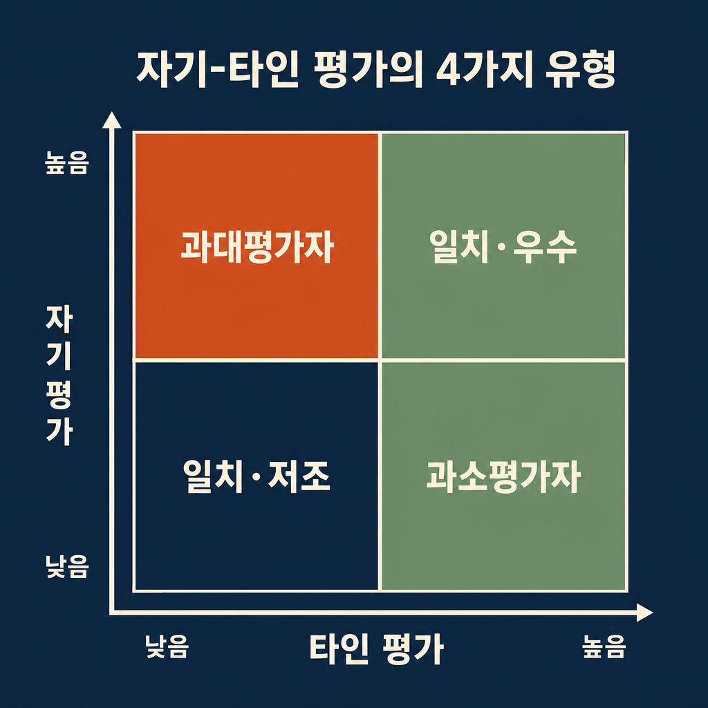 자기 평가(세로축)와 타인 평가(가로축)로 구성한 2×2 매트릭스 — 과대평가자·일치·우수·일치·저조·과소평가자 네 유형을 보여주는 인포그래픽