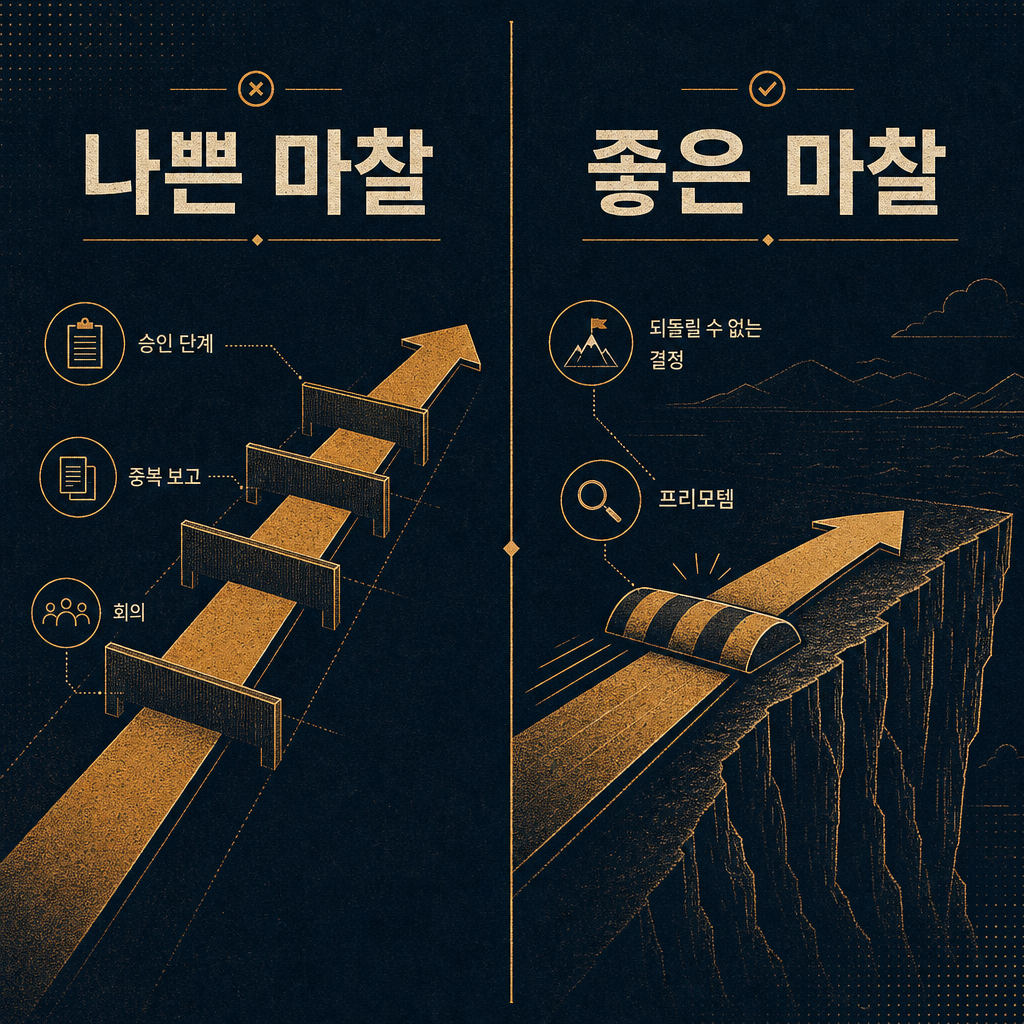 나쁜 마찰(승인 단계·중복 보고·회의로 막힌 전진)과 좋은 마찰(되돌릴 수 없는 결정 앞의 과속방지턱)을 좌우로 대비한 인포그래픽
