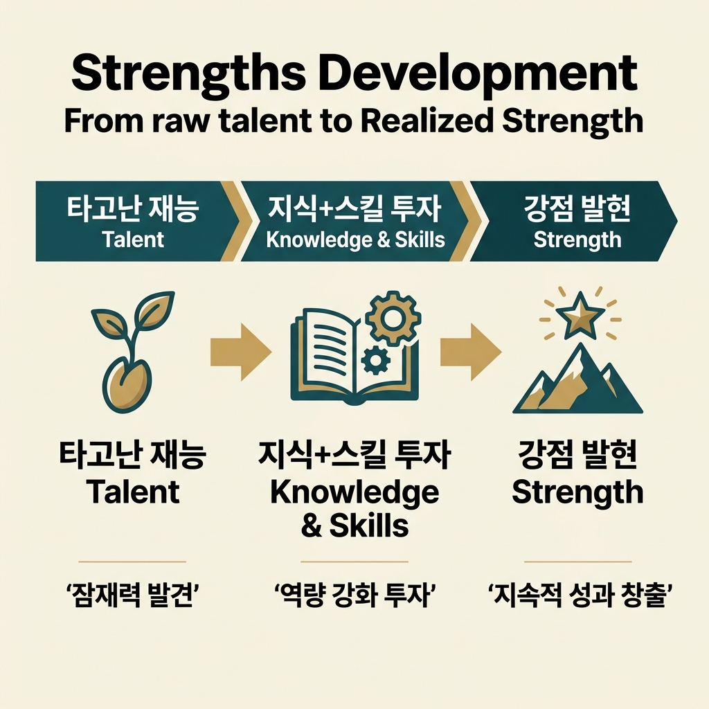 타고난 재능에서 강점으로 — 3단계 발전 플로우 다이어그램